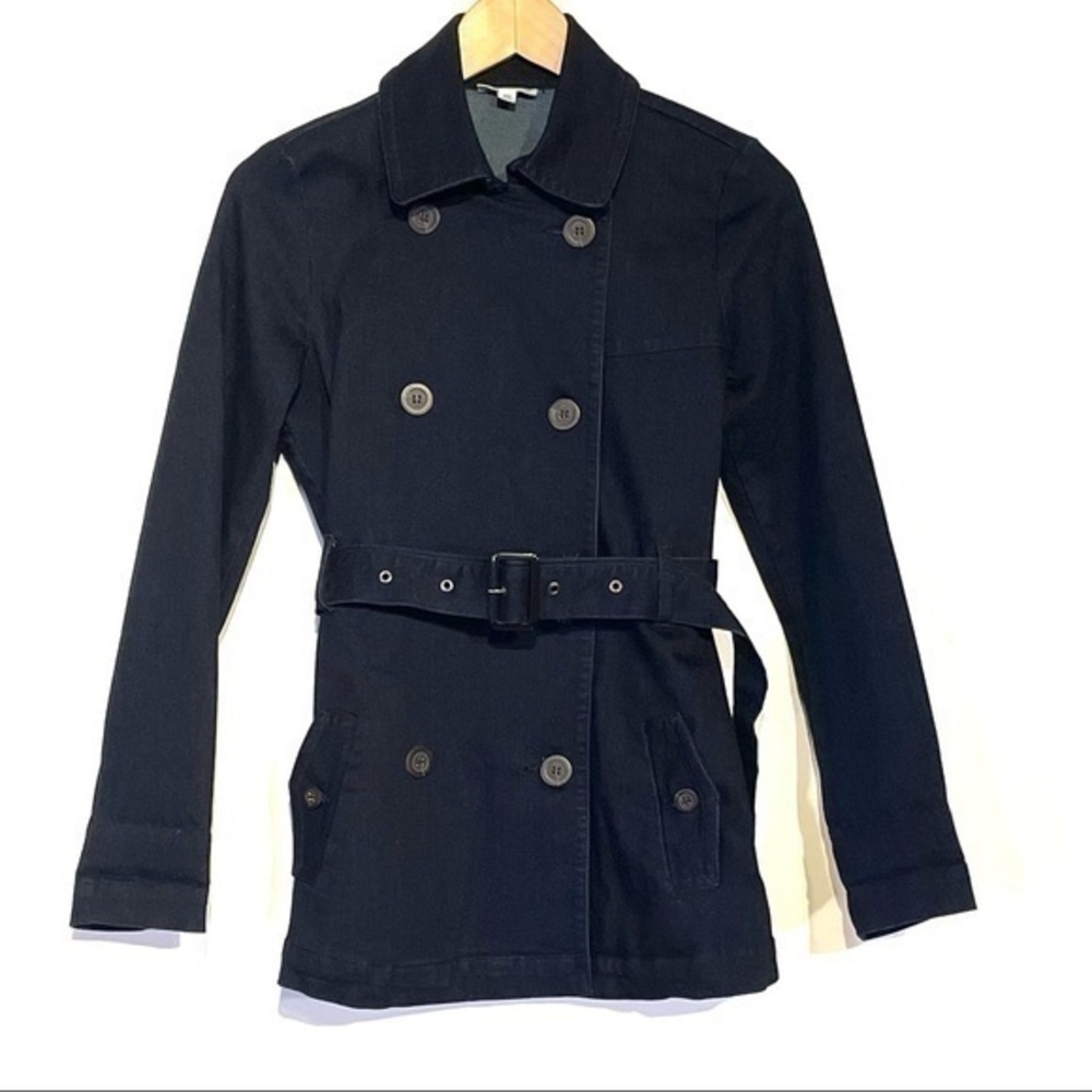 Maison Jules Belted Denim Double Breasted Stretch Jacket Dark Wash Denim xs